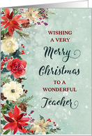 Snowy Rustic Floral Teacher Merry Christmas card