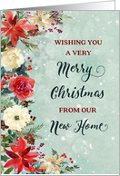 Snowy Rustic Floral Merry Christmas from our New Home card