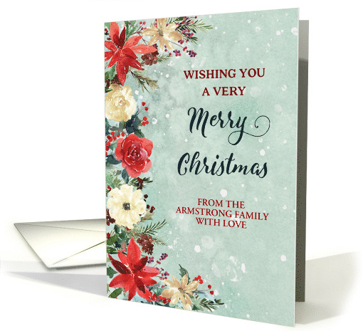 Snowy Rustic Floral Custom Family Name Merry Christmas card (1891636)