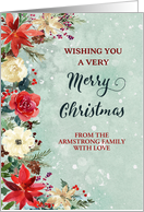 Snowy Rustic Floral Custom Family Name Merry Christmas card