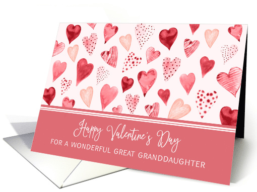 Pink Watercolor Hearts Great Granddaughter Valentine's Day card