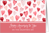 Pink Watercolor Hearts Happy Anniversary on Valentine’s Day Card