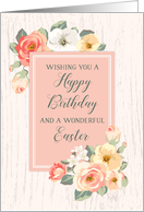 Rustic Peach Watercolor Flowers Happy Birthday on Easter card
