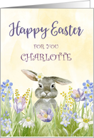 Bunny in Flowers Custom Name Happy Easter card