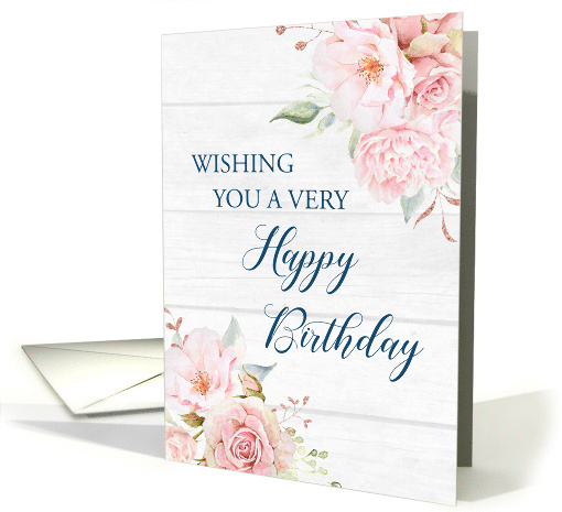 Pink Watercolor Flowers Rustic Wood Happy Birthday card (1907376)