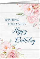 Pink Watercolor Flowers Rustic Wood Happy Birthday card