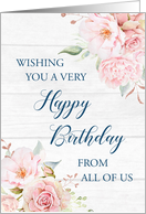 Pink Watercolor Flowers Rustic Wood Happy Birthday from Group card