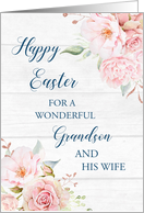 Pink Floral Rustic Wood Grandson and his Wife Happy Easter card
