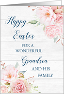 Pink Floral Rustic Wood Grandson and his Family Happy Easter card