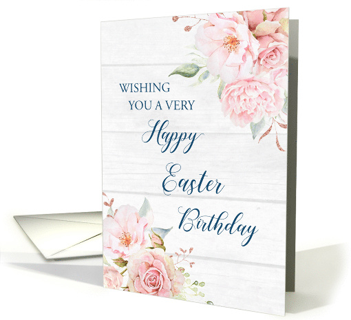 Pink Floral Rustic Wood Happy Easter Birthday card (1909418)