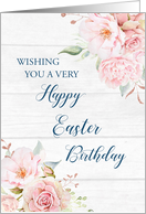 Pink Floral Rustic Wood Happy Easter Birthday card