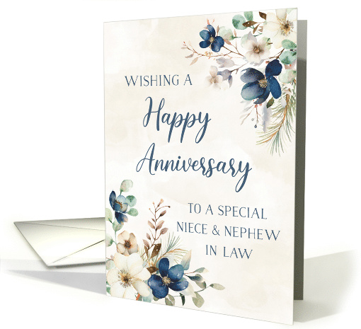 Elegant Blue Floral Niece and Nephew in Law Happy Anniversary card