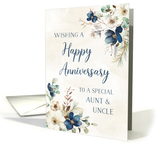Elegant Blue Floral Happy Anniversary for Aunt and Uncle card