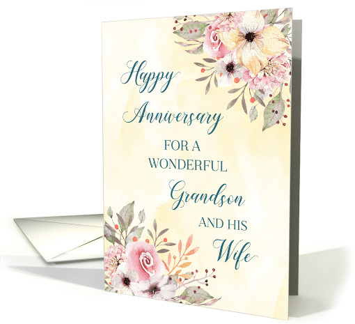 Spring Watercolor Floral Grandson and his Wife Happy Anniversary card