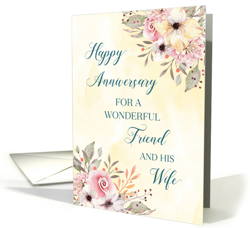 Spring Watercolor Floral Friend and his Wife Happy Anniversary card