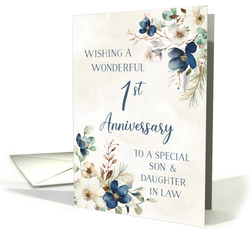 Elegant Blue Floral Son and Daughter in Law 1st Anniversary card