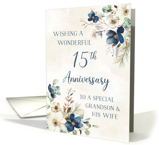 Elegant Blue Floral Grandson and his Wife 15th Anniversary card