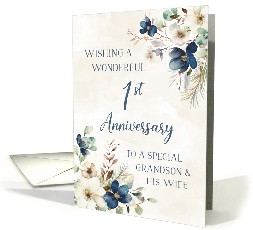 Elegant Blue Floral Grandson and his Wife 1st Anniversary card