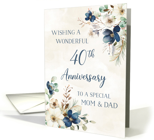 Elegant Blue Floral 40th Anniversary for Parents card (1917156)