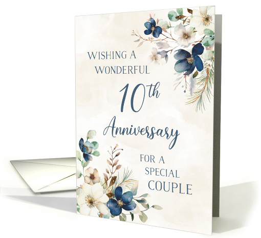 Elegant Blue Floral 10th Anniversary for Couple card (1917576)