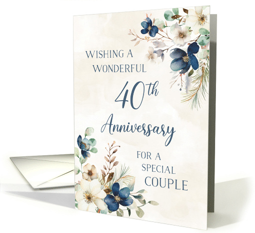 Elegant Blue Floral 40th Anniversary for Couple card (1917596)