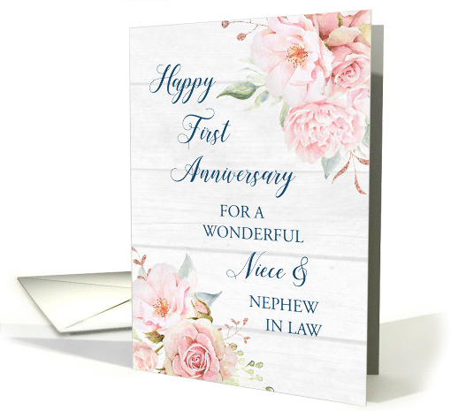 Blush Pink Flowers Niece and Nephew in Law 1st Anniversary card