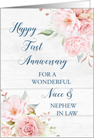 Blush Pink Flowers Niece and Nephew in Law 1st Anniversary Card