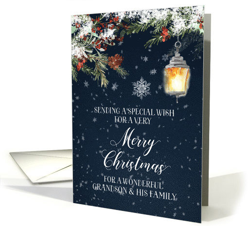 Snowy Winter Lantern Grandson and his Family Merry Christmas card