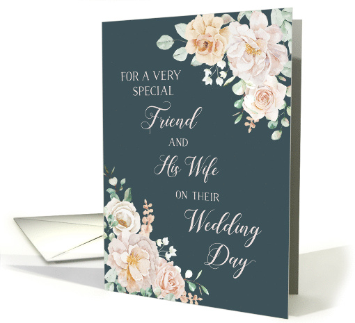 Navy Blue White Flowers Friend and his Wife Wedding Day card (1961538)