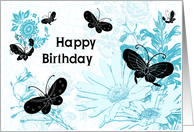 Blue Flowers and Butterflies Birthday Card