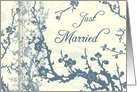 Blue and Beige Floral Just Married Announcement Card