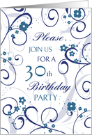 30th Birthday Party Invitation, blue Floral card
