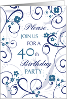 40th Birthday Party Invitation, Blue Floral card