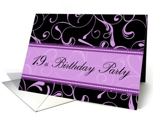 19th Birthday Party Invitation Card - Purple and Black Swirls card