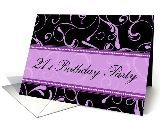 21st Birthday Party Invitation Card - Purple and Black Swirls card