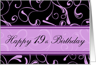 19th Happy Birthday Card - Purple and Black Swirls card