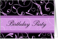 Birthday Party Invitation- Purple Black Swirls card