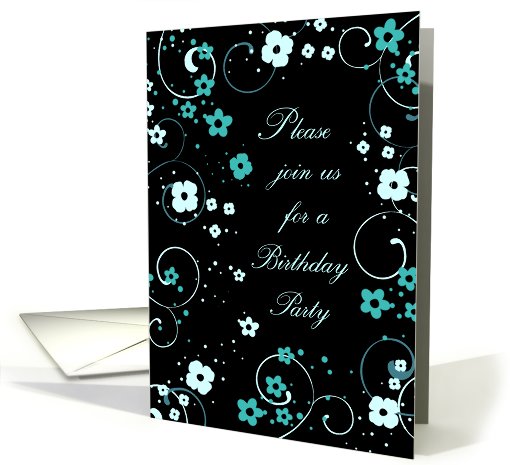 Birthday Party Invitation- Turquoise Black Flowers card (665897)