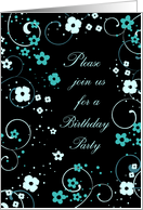 Birthday Party Invitation- Turquoise Black Flowers card