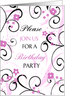 Birthday Party Invitation- Pink Black Swirls card