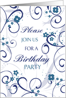 Birthday Party Invitation- Blue White Swirls card