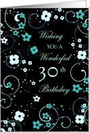 Happy 30th Birthday Card - Black & Turquoise Flowers card