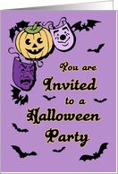 Halloween Party Invitation Card - Purple Masks and Pumpkin card