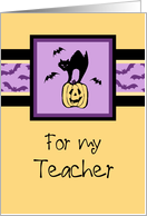 Happy Halloween for Teacher Card - Orange, Purple & Black Cat card