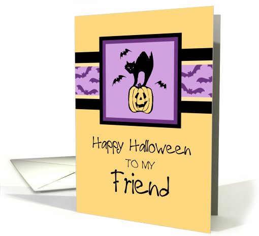 Happy Halloween for Friend Card - Orange, Purple & Black Cat card