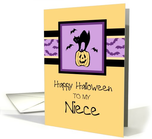 Happy Halloween for Niece Card - Orange, Purple & Black Cat card