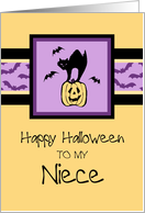 Happy Halloween for Niece Card - Orange, Purple & Black Cat card