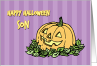 Happy Halloween for Son - Purple Stripes & Pumpkin card