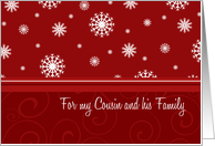 Merry Christmas Cousin and his Family Card - Red & White Snow card