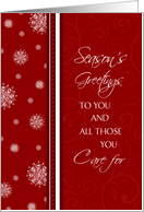 Season’s Greetings Christmas Card - Red White Snowflakes card